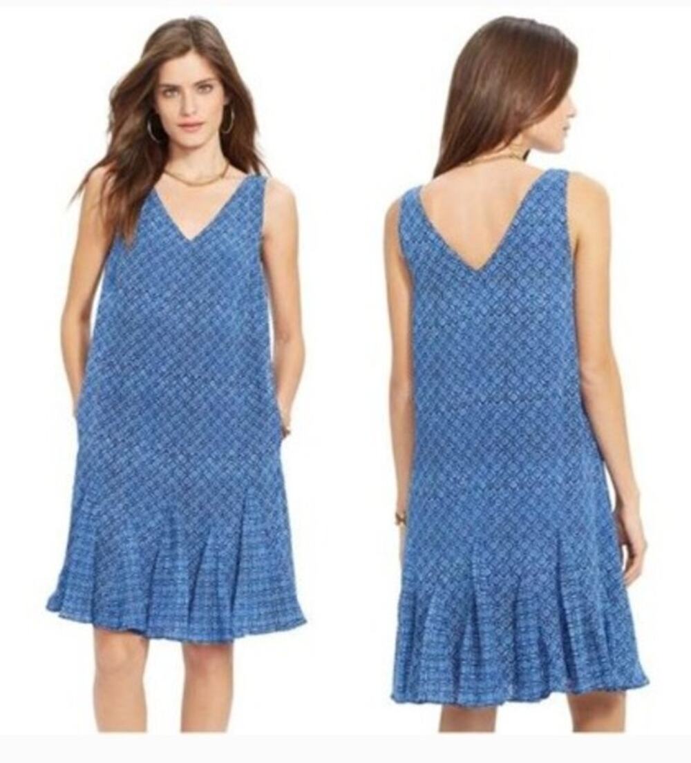 Lauren Ralph Lauren Geo Print Indigo Sky V-neck Dress sz 14 boho coastal